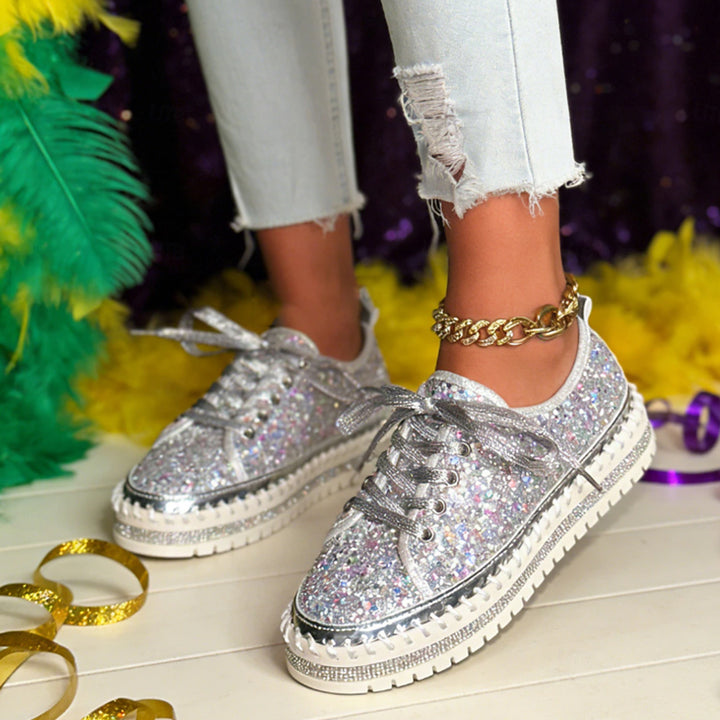 silver Women's sequins glitter lace-up platform sneakers for parties, festivals, club outfits