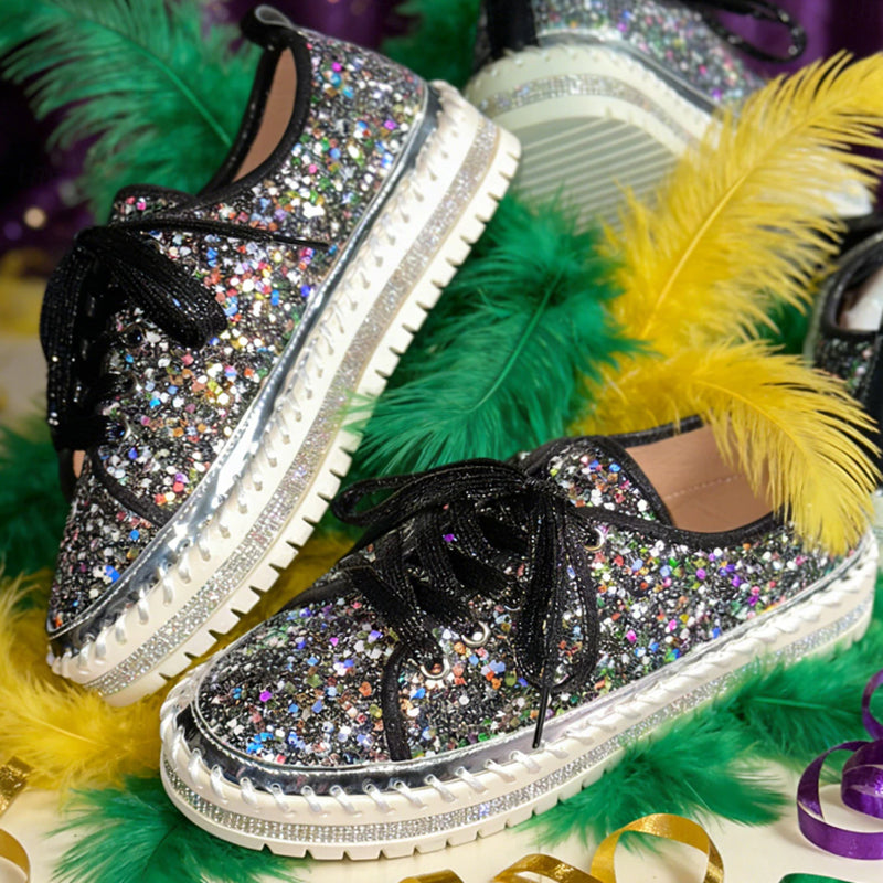 Women's sequins glitter lace-up platform sneakers for parties, festivals, club outfits