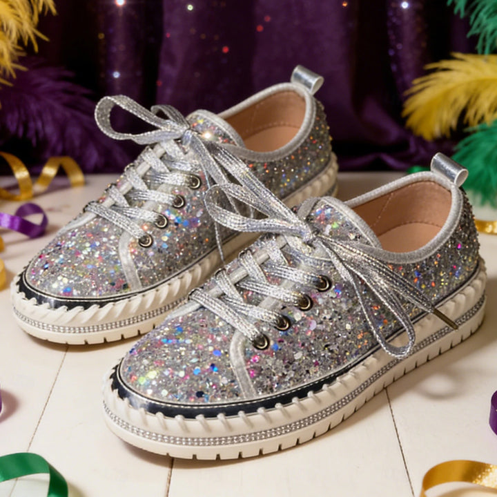 silver Women's sequins glitter lace-up platform sneakers for parties, festivals, club outfits