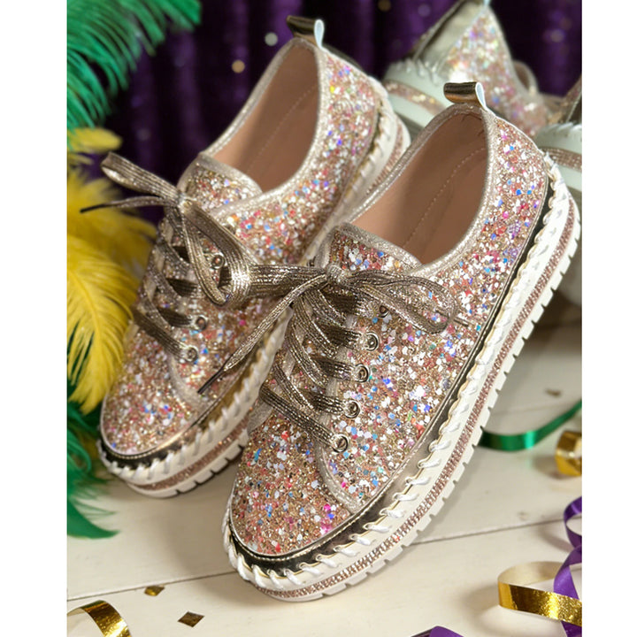 gold Women's sequins glitter lace-up platform sneakers for parties, festivals, club outfits