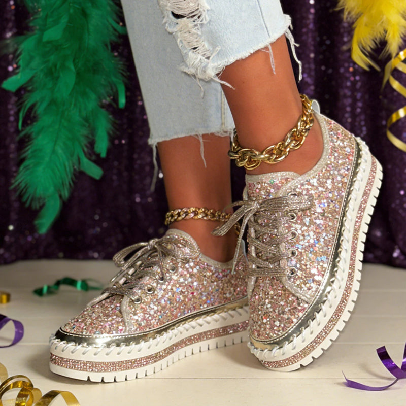 gold Women's sequins glitter lace-up platform sneakers for parties, festivals, club outfits