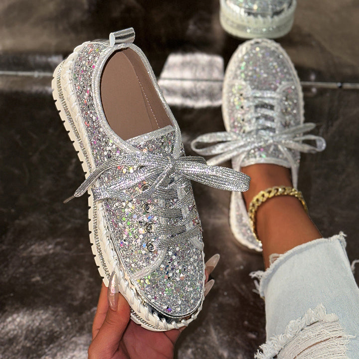 silver Women's sequins glitter lace-up platform sneakers for parties, festivals, club outfits