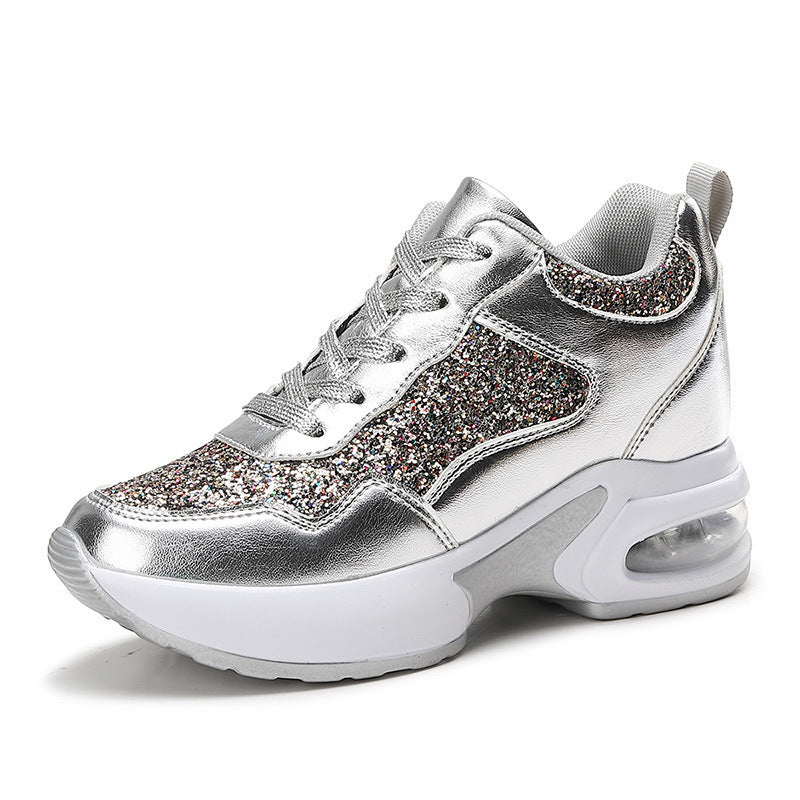 silver Women's sequins platform wedge sneakers for parties, festivals, club outfit