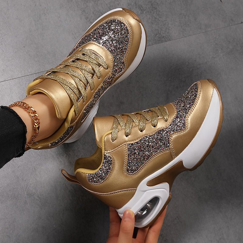 gold Women's sequins platform wedge sneakers for parties, festivals, club outfit