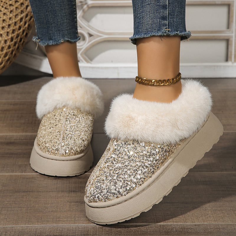 Women's sequins warm plush booties slippers indoor outdoor anti-slip