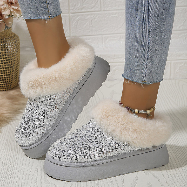 Women's sequins warm plush booties slippers indoor outdoor anti-slip