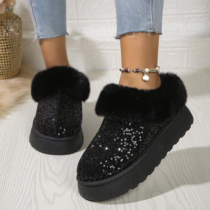 Women's sequins warm plush booties slippers indoor outdoor anti-slip