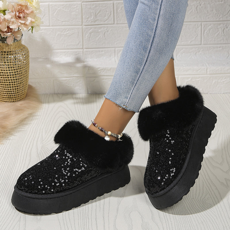 Women's sequins warm plush booties slippers indoor outdoor anti-slip