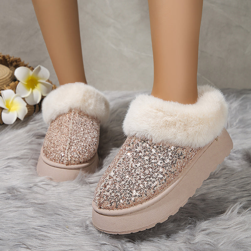 Women's sequins warm plush booties slippers indoor outdoor anti-slip