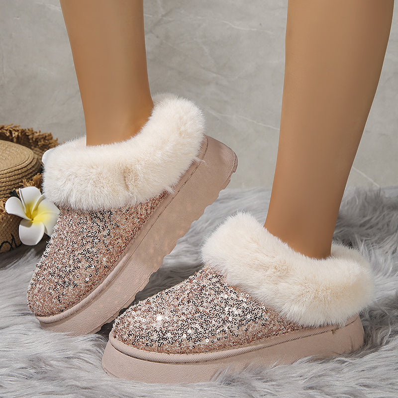 Women's sequins warm plush booties slippers indoor outdoor anti-slip