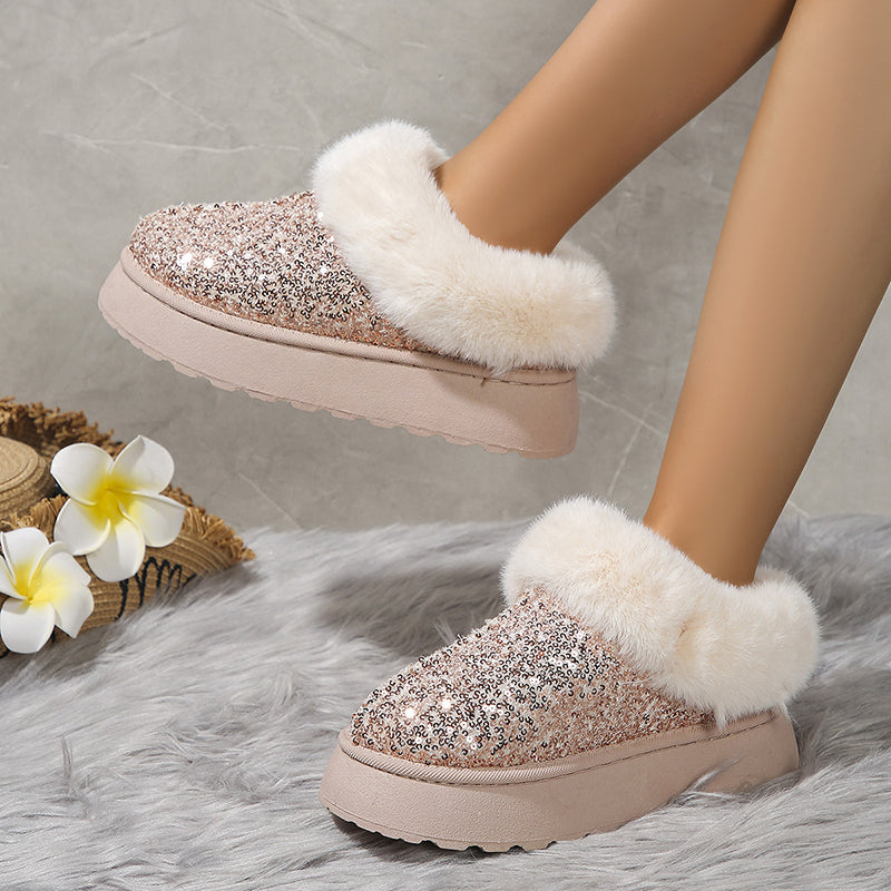 Women's sequins warm plush booties slippers indoor outdoor anti-slip