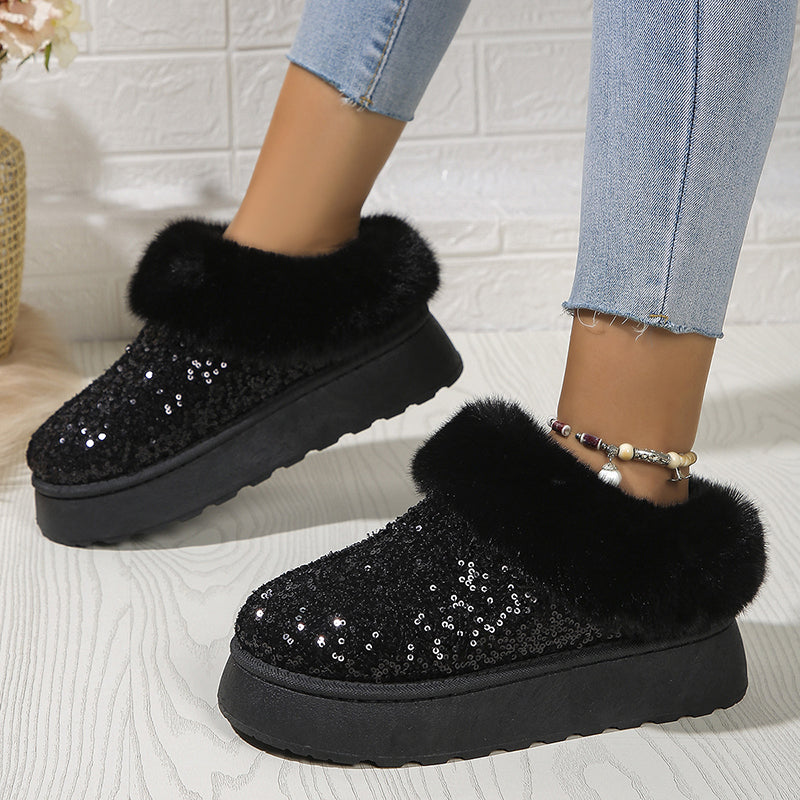 Women's sequins warm plush booties slippers indoor outdoor anti-slip