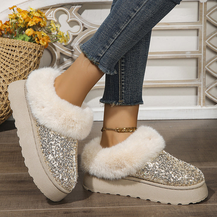 Women's sequins warm plush booties slippers indoor outdoor anti-slip