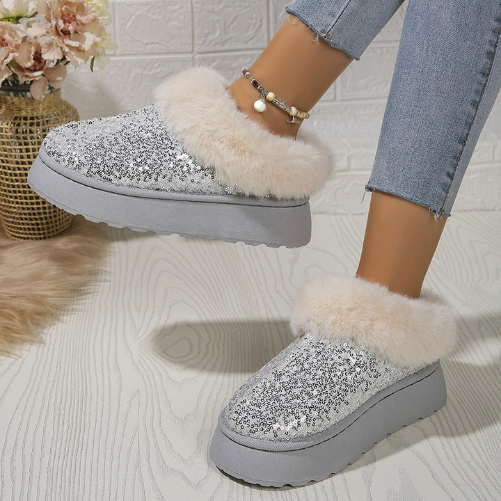 Women's sequins warm plush booties slippers indoor outdoor anti-slip