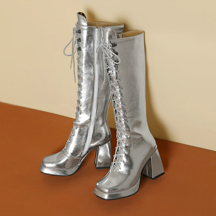 silver Women's silver gold metallic lace-up knee hight boots fancy dress party shoes