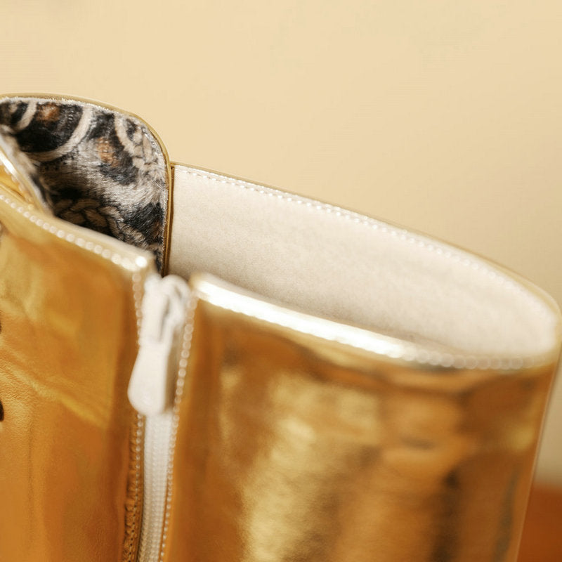 gold Women's silver gold metallic lace-up knee hight boots fancy dress party shoes