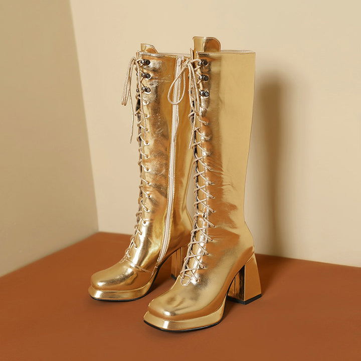 gold Women's silver gold metallic lace-up knee hight boots fancy dress party shoes