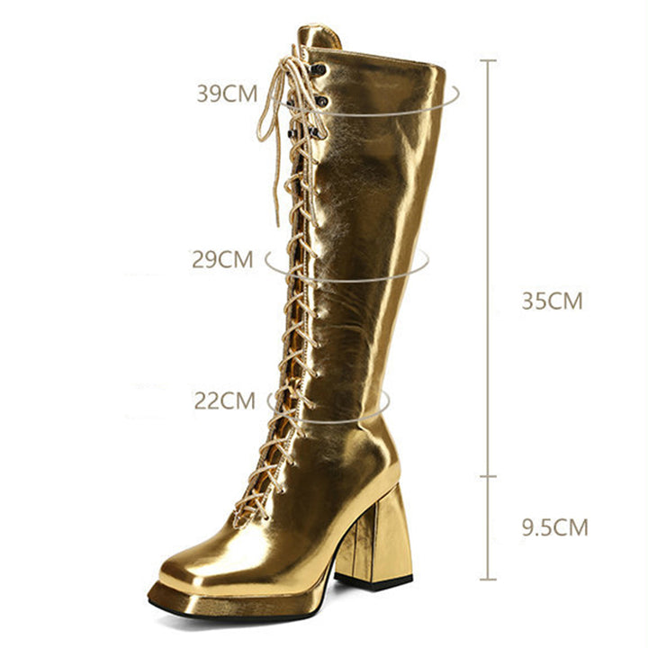 gold Women's silver gold metallic lace-up knee hight boots fancy dress party shoes