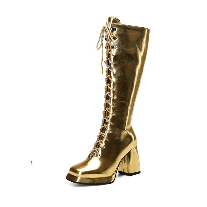 gold Women's silver gold metallic lace-up knee hight boots fancy dress party shoes