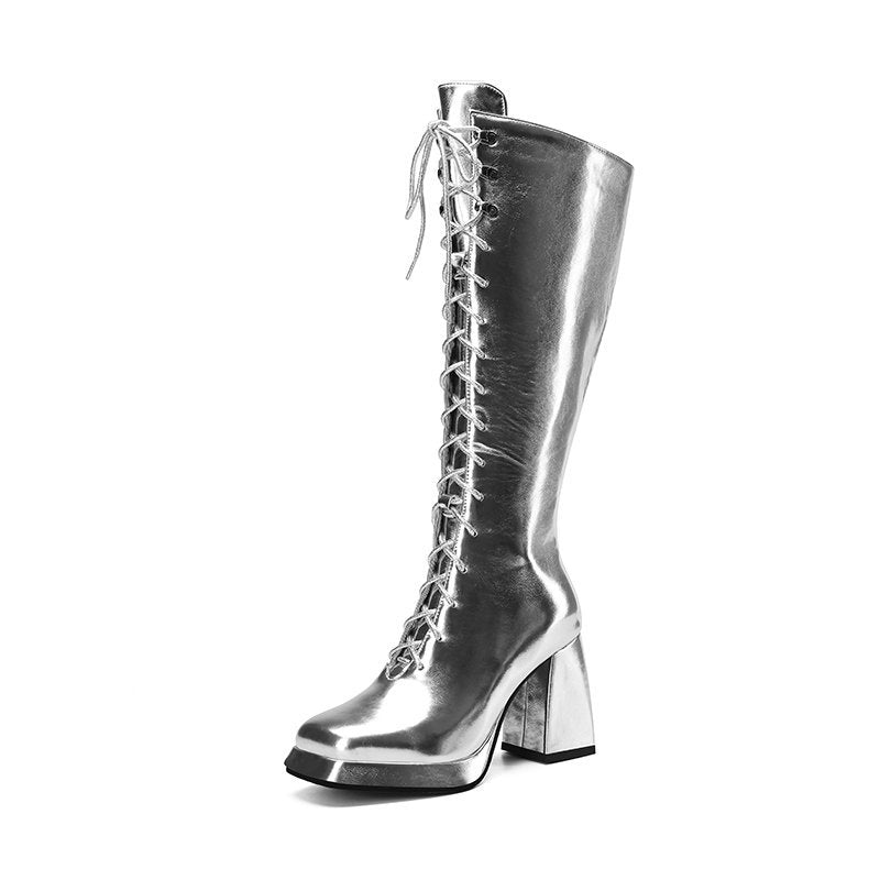 silver Women's silver gold metallic lace-up knee hight boots fancy dress party shoes