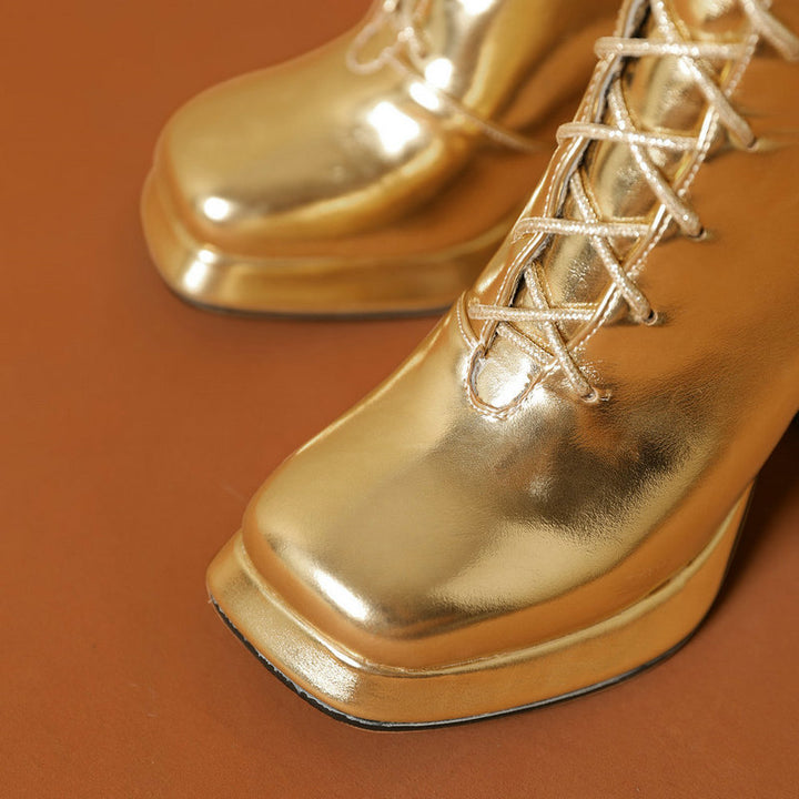 gold Women's silver gold metallic lace-up knee hight boots fancy dress party shoes