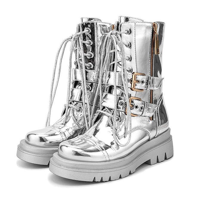 Women's silver metallic mid calf motorcycle boots