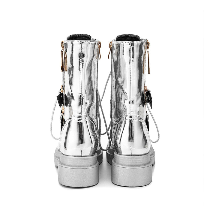 silver Women's silver metallic mid calf motorcycle boots