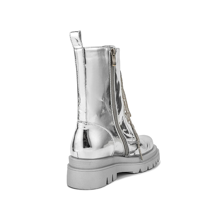 silver no buckle Women's silver metallic mid calf motorcycle boots