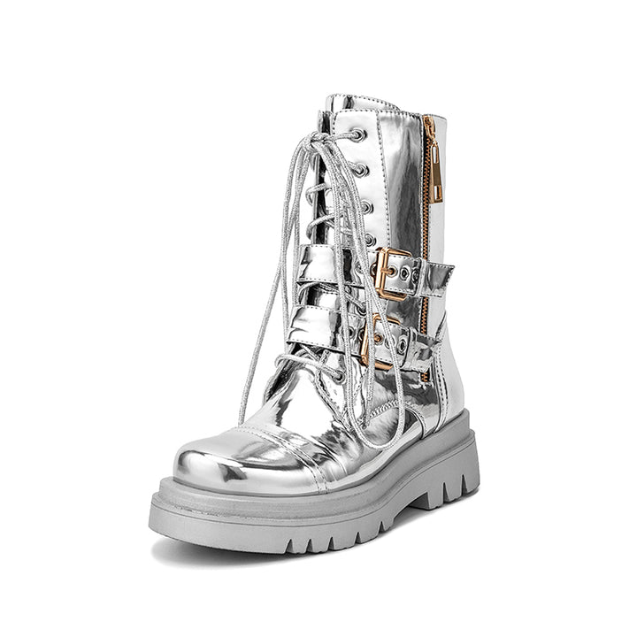 silver Women's silver metallic mid calf motorcycle boots