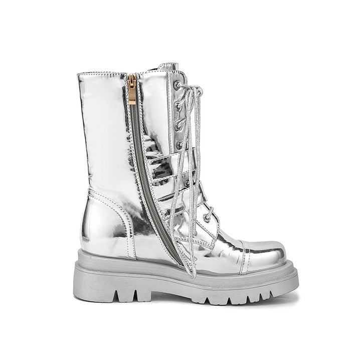 silver Women's silver metallic mid calf motorcycle boots