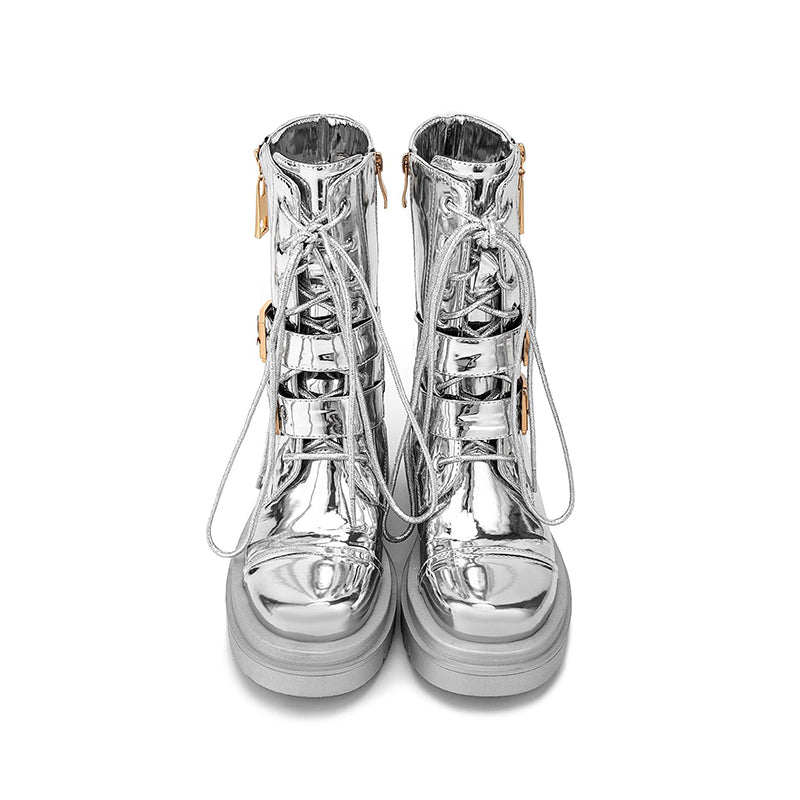 silver Women's silver metallic mid calf motorcycle boots