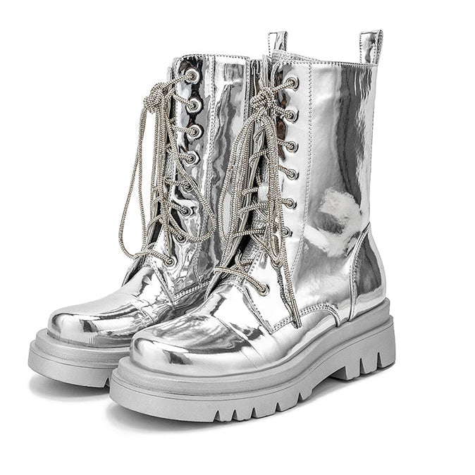 Women's silver metallic mid calf motorcycle boots