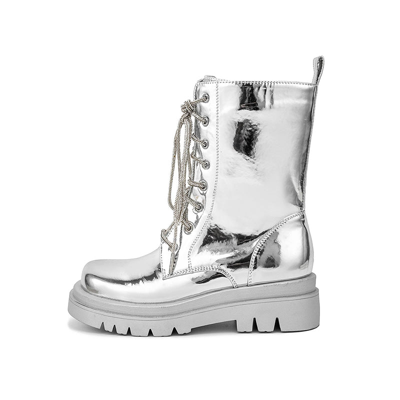 silver no buckle Women's silver metallic mid calf motorcycle boots