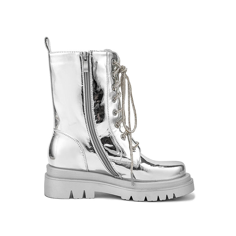 silver no buckle Women's silver metallic mid calf motorcycle boots