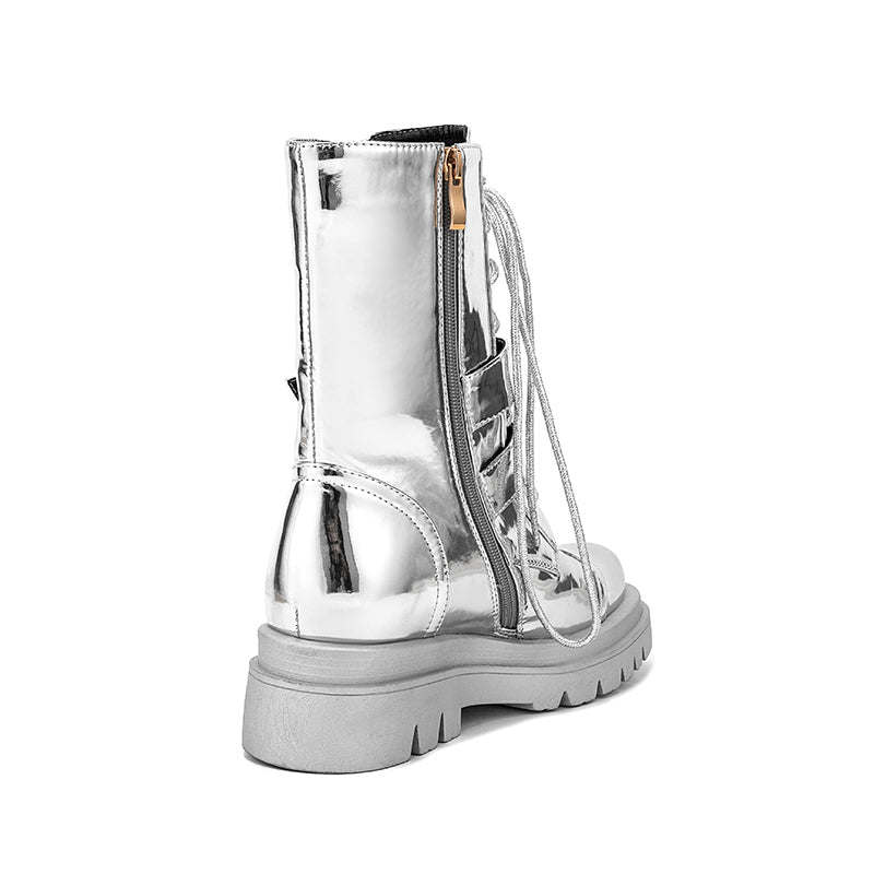 silver Women's silver metallic mid calf motorcycle boots