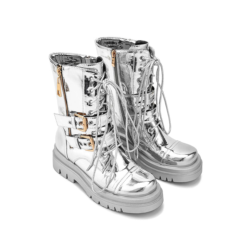 silver Women's silver metallic mid calf motorcycle boots