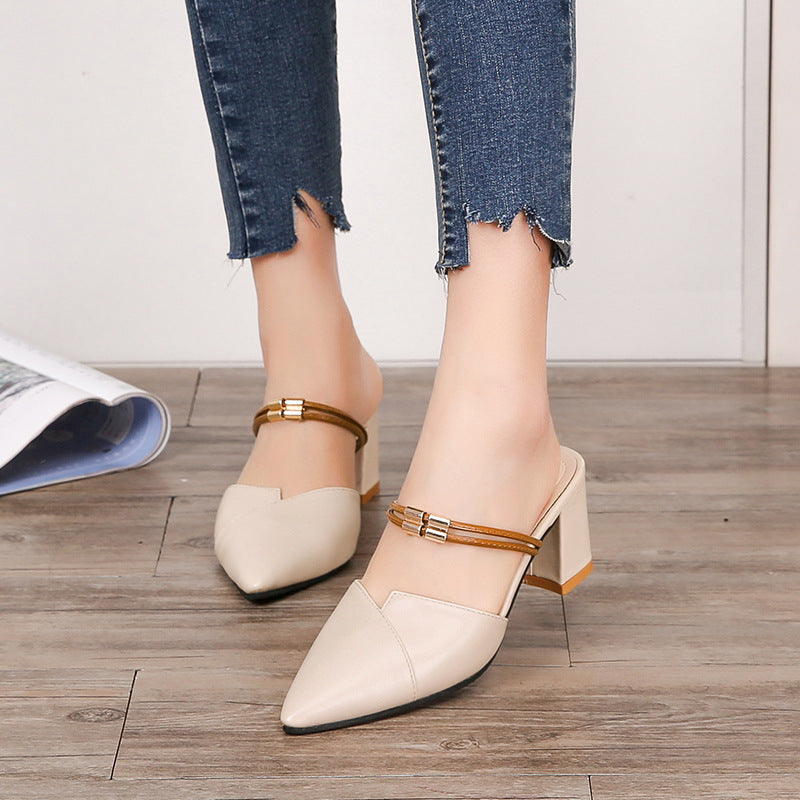 beige Women's slip-on pointed toe block heels mules