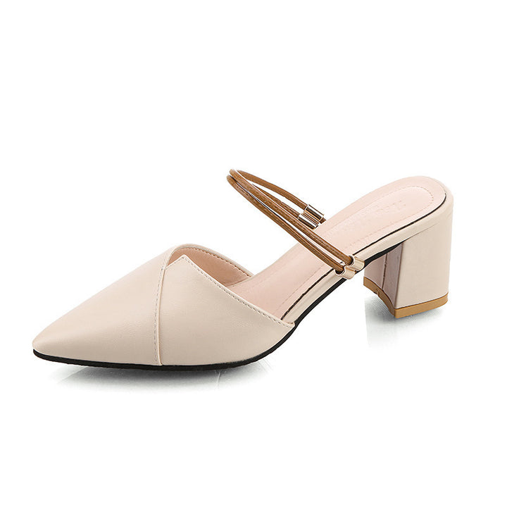 beige Women's slip-on pointed toe block heels mules