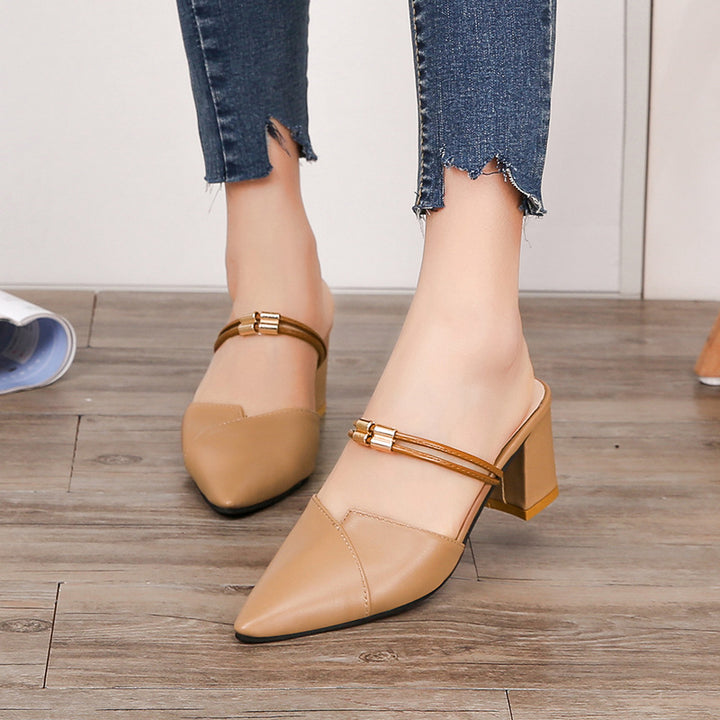 apricot Women's slip-on pointed toe block heels mules