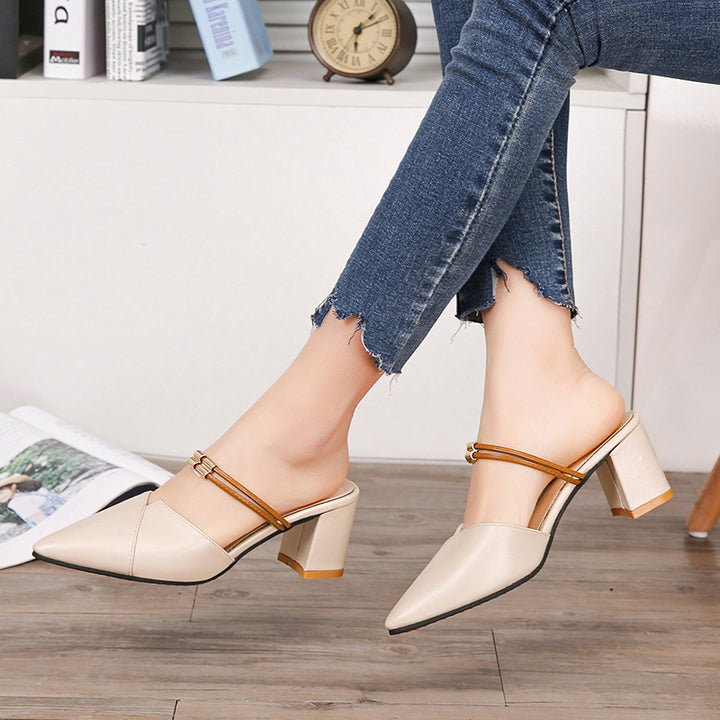 Women's slip-on pointed toe block heels mules