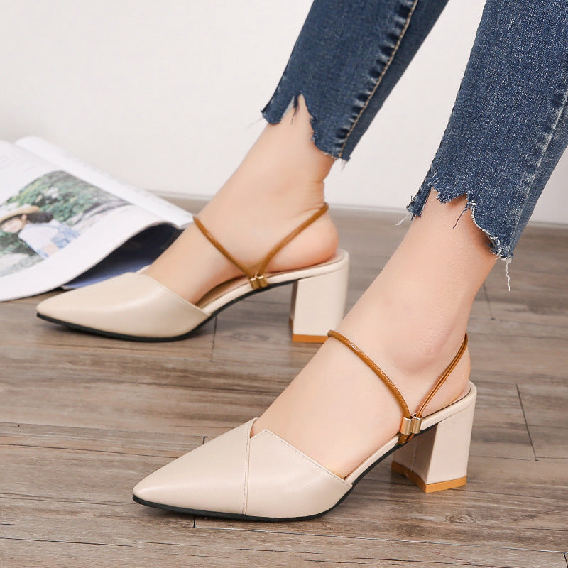 beige Women's slip-on pointed toe block heels mules