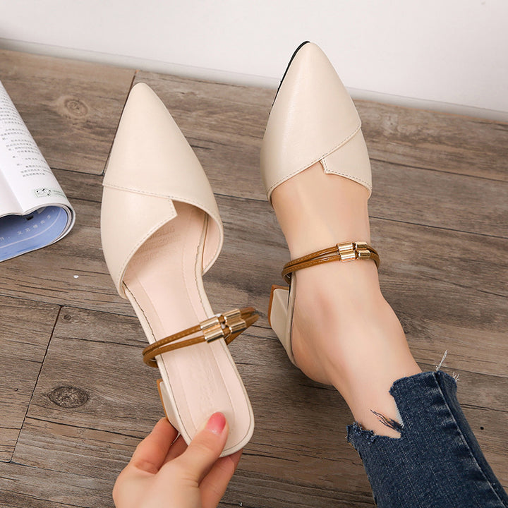 beige Women's slip-on pointed toe block heels mules