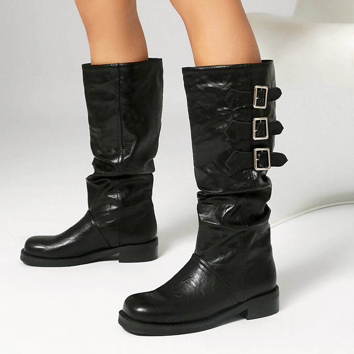 Women's slouchy biker boots under the knee
