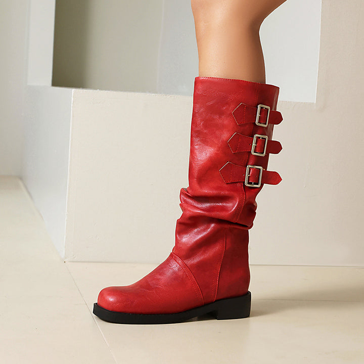 red Women's slouchy biker boots under the knee