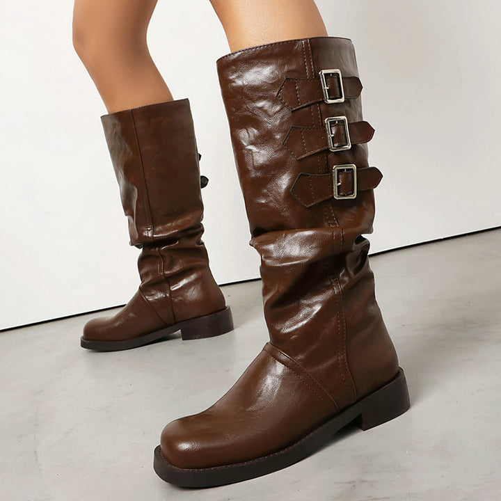 Women's slouchy biker boots under the knee