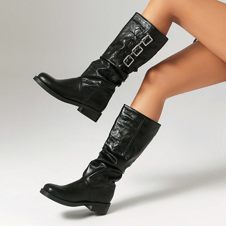 black Women's slouchy biker boots under the knee