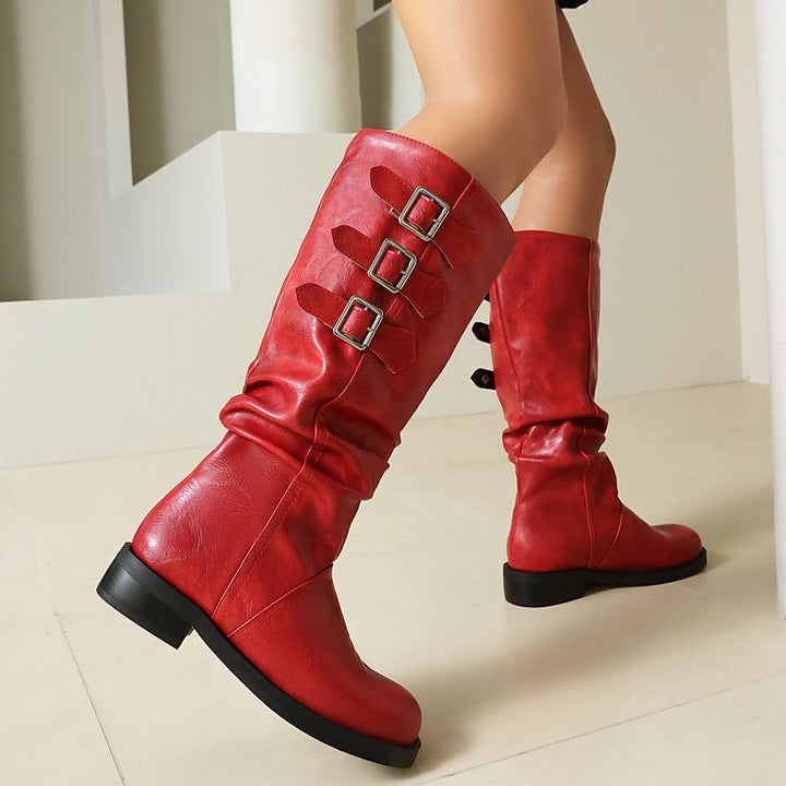 red Women's slouchy biker boots under the knee