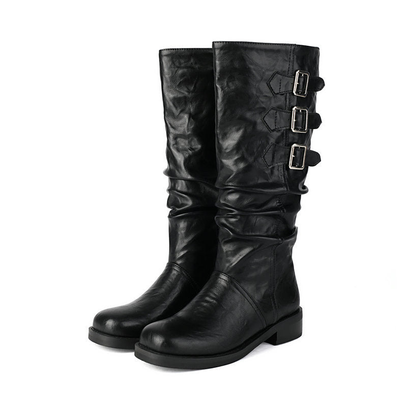 black Women's slouchy biker boots under the knee