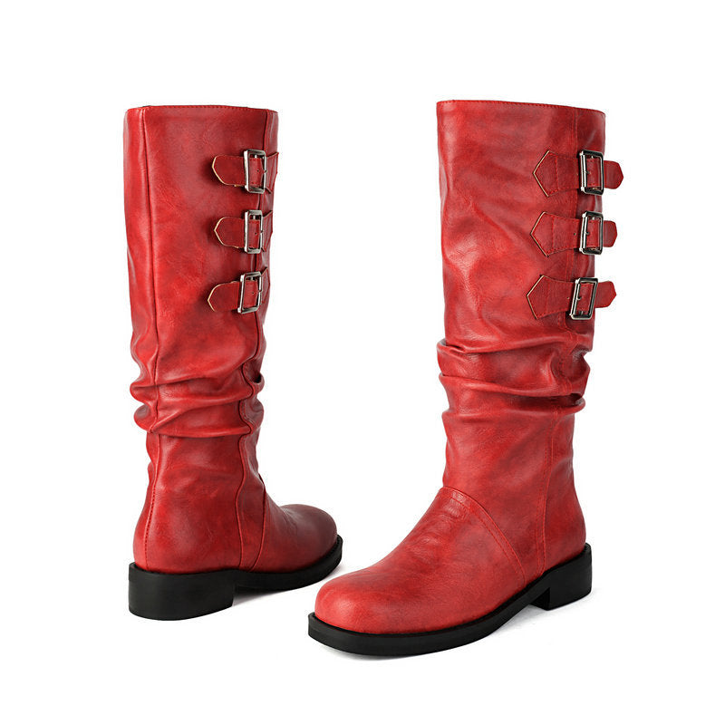 red Women's slouchy biker boots under the knee