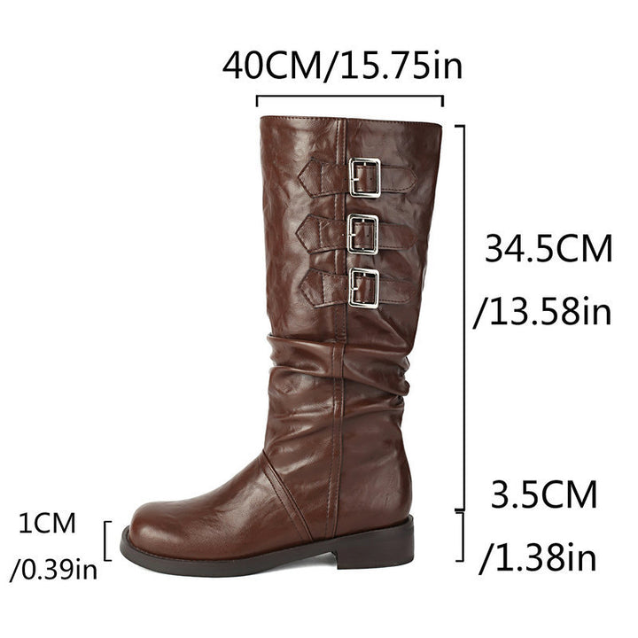 brown Women's slouchy biker boots under the knee